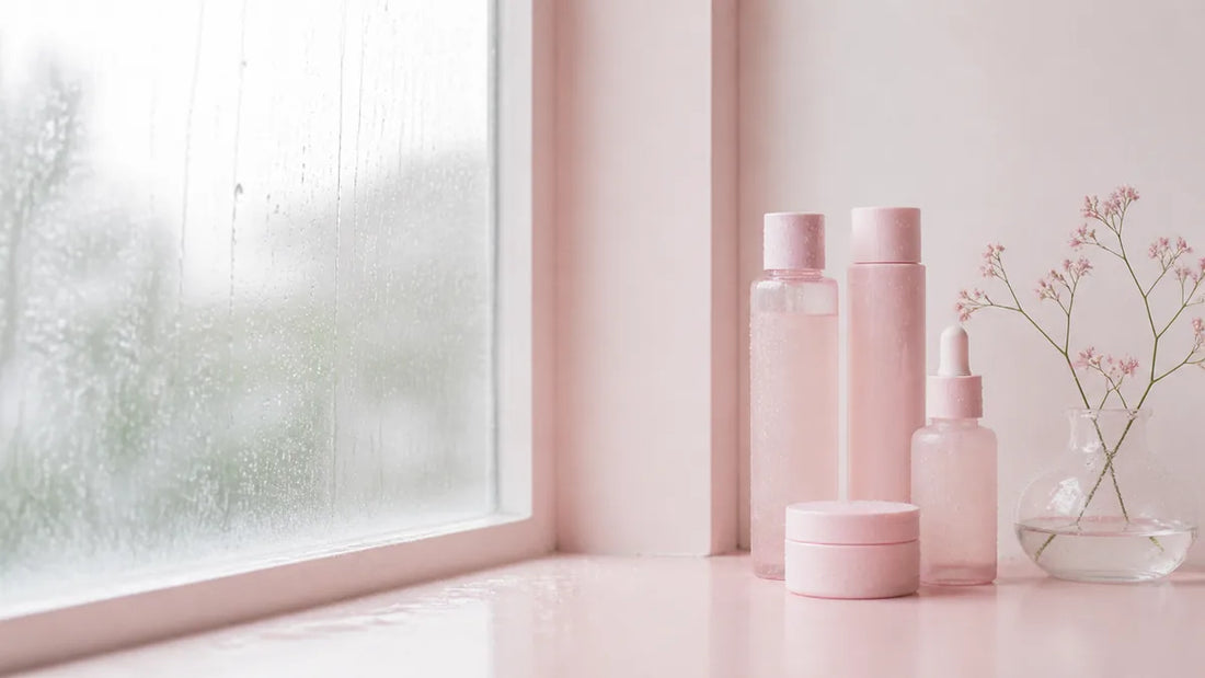 Unbranded skincare bottles on a pale pink ledge beside a window streaked with monsoon rain
