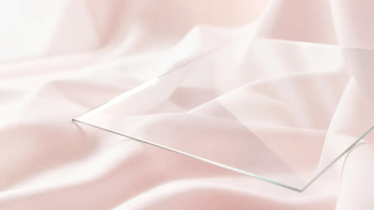 A sheet of glass angled on soft white fabric, catching a gentle window highlight along one edge