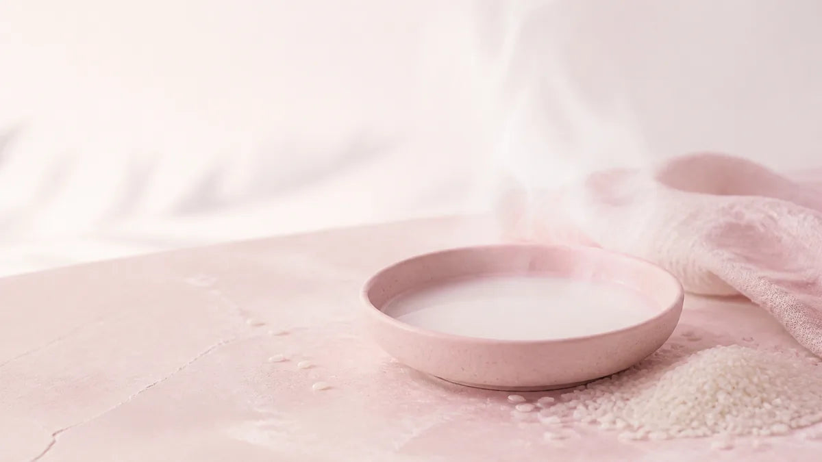 A shallow ceramic bowl of milky rice water beside scattered raw rice grains on a pale rose surface