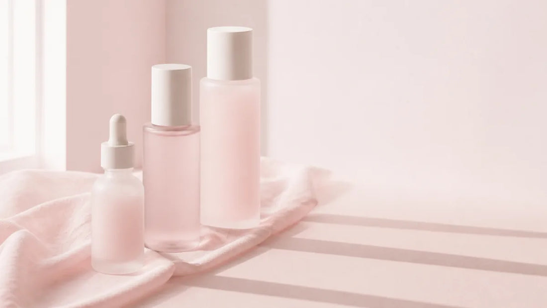 Three unbranded skincare bottles arranged in a diagonal line on blush linen in soft daylight