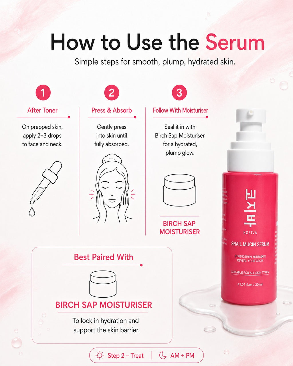 How to use the serum, in three steps: after toner, apply two to three drops to face and neck on prepped skin; gently press into skin until fully absorbed; then seal it in with the birch sap moisturiser. Step two, treat, morning and night.