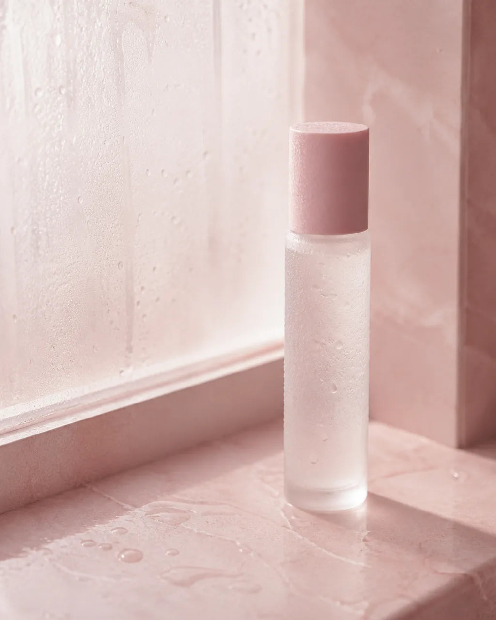 A frosted skincare bottle beside a window, condensation beaded on the glass
