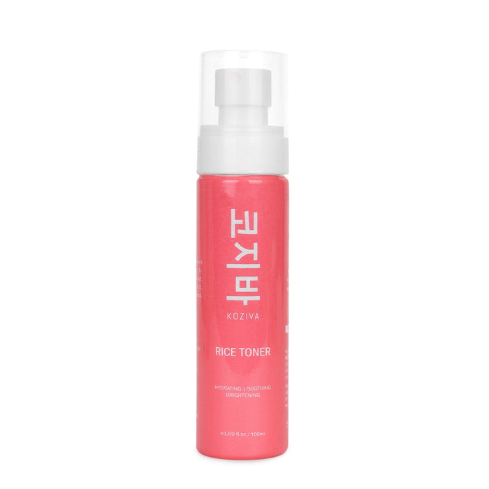 Koziva rice toner, a tall red bottle with a white pump and clear cap